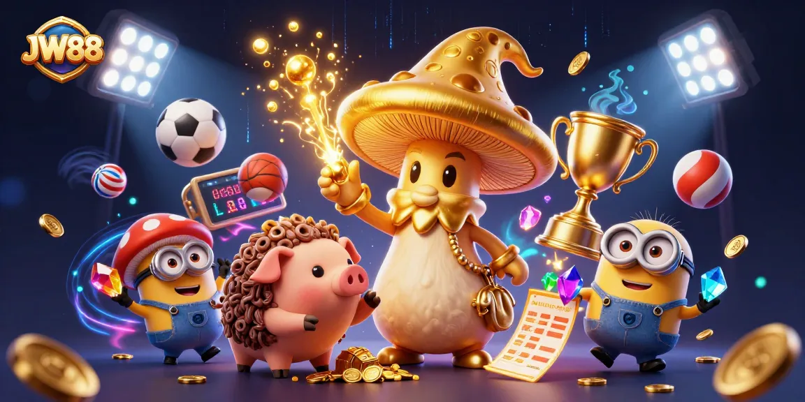 Experience the best of JW88 with a captivating golden wizard, sports elements, and treasure amidst magical scenery.
