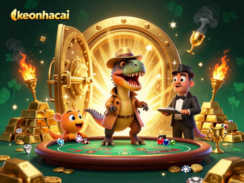 Winning strategies at keonhacai casino illustrated with vibrant cartoon dinosaurs at a blackjack table.