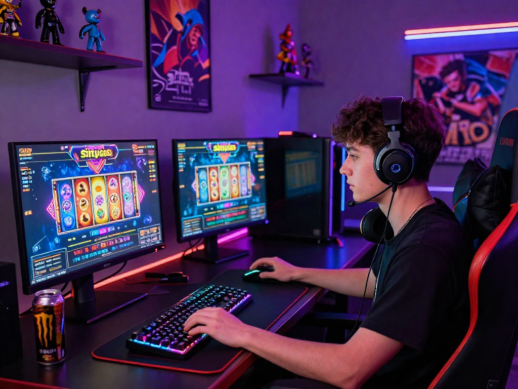 Gamer serius sedang memainkan situs slot di ruang moden dengan banyak layar.