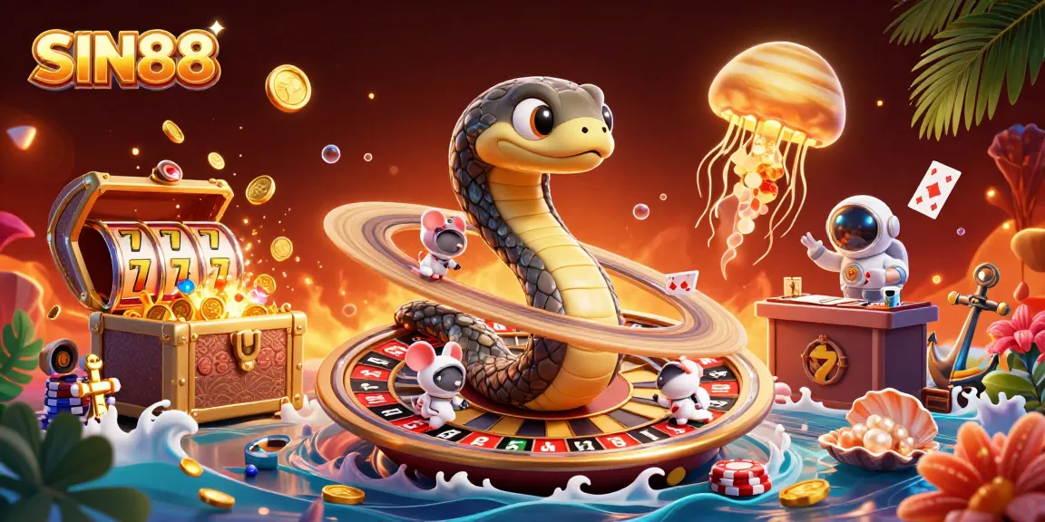 SIN88 exemplifies an exciting cosmic casino scene with a vibrant Saturn snake roulette wheel and astronaut mice betting.