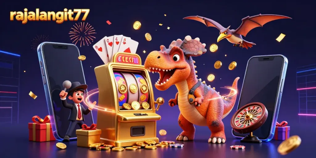 Gambaran rajalangit77 saat dinosaur pachycephalosaurus menghadang mesin slot emas yang membayar jackpot.