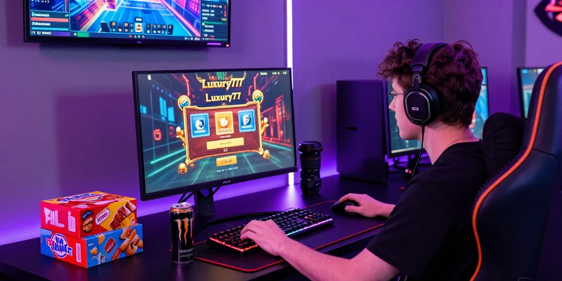 Pengguna login LUXURY777 di ruang permainan modern dengan peralatan gaming dan suasana neon.
