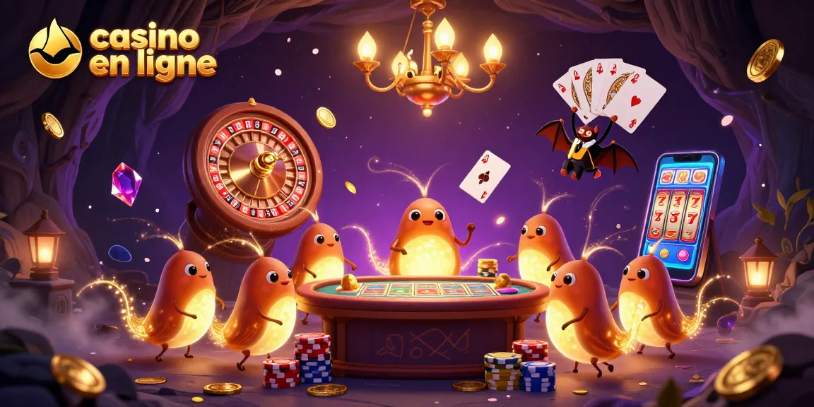 Illustration d'une scène de casino en ligne avec des vers luisants, des pièces dorées et une ambiance festive