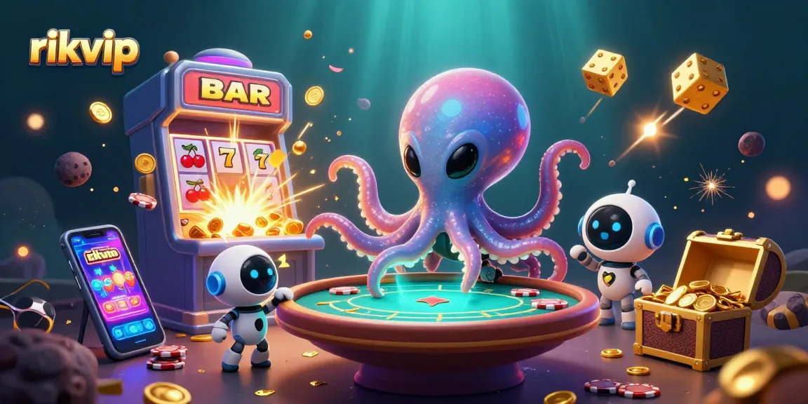 Experience thrilling gameplay with rikvip: an alien octopus at a holographic poker table amidst 3D casino elements.