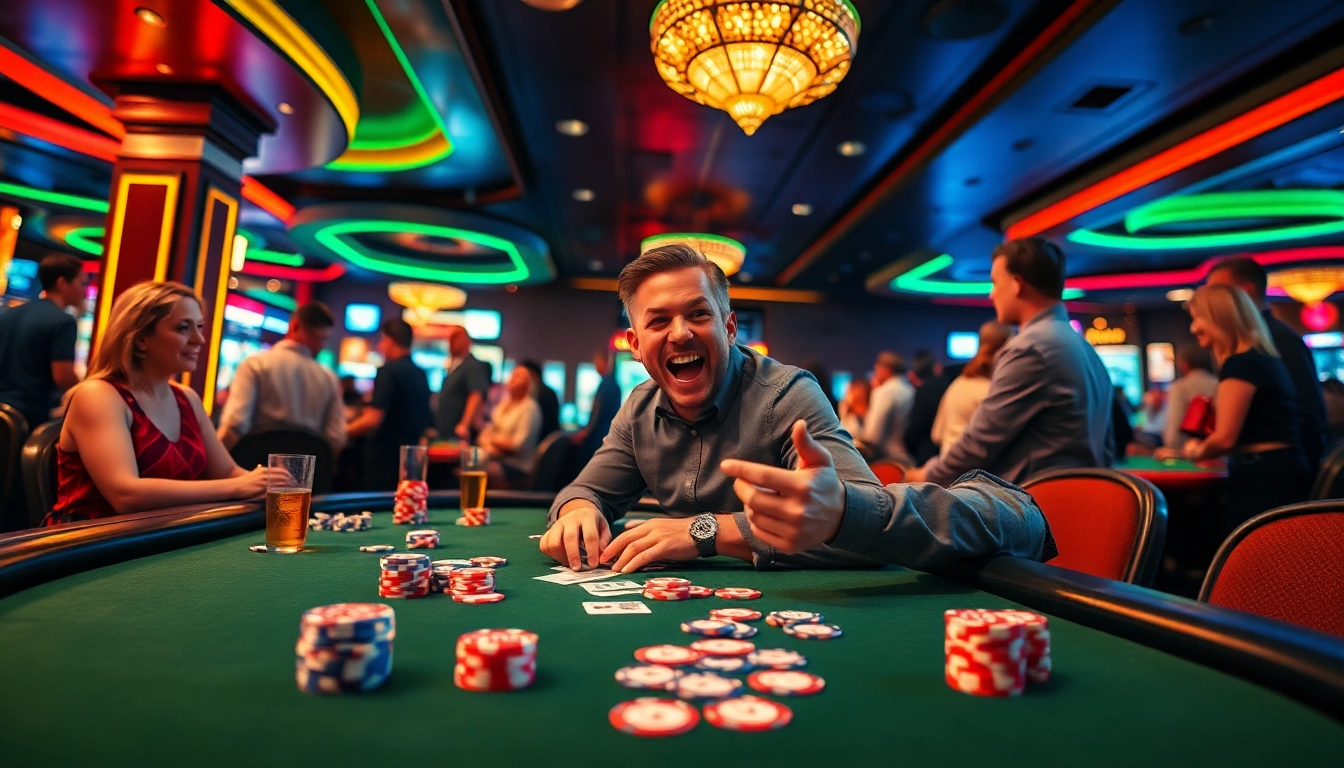 Menangkan permainan poker dengan ora78 di kasino, menampilkan suasana ramai dan pemain bersemangat.