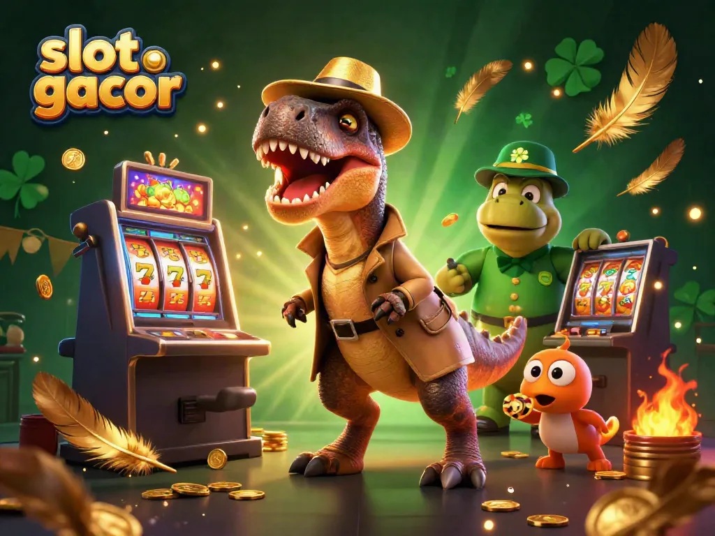 Experience thrilling action at "slot gacor" with 3D dinosaur characters amidst colorful casino elements.