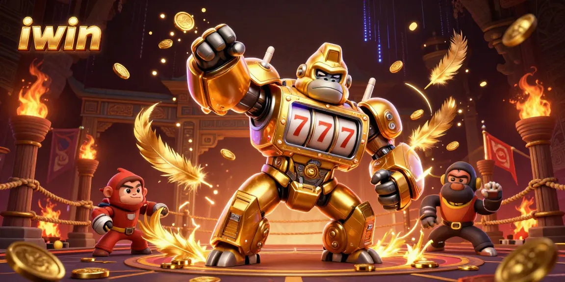 iwin showcases a powerful gaming scene with a golden gorilla mech and dynamic elements.