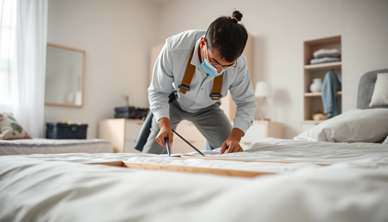 Bed bug exterminators inspecting and treating a bedroom for bed bugs.