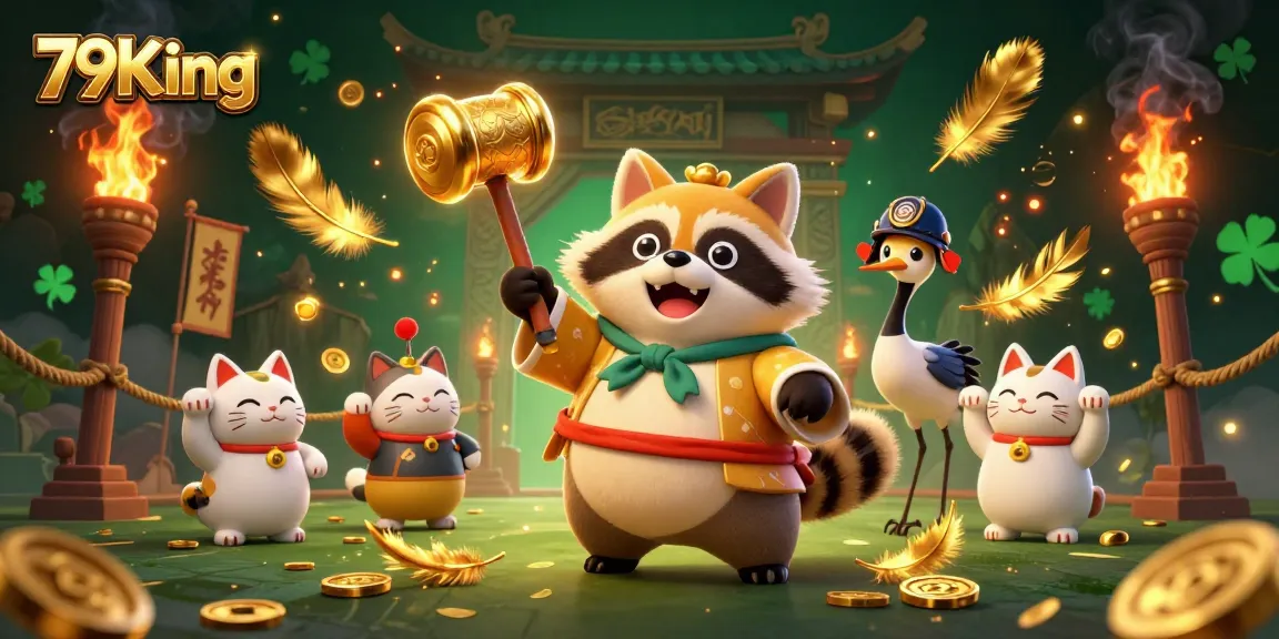 Engage in the excitement of 79King with a vibrant 3D illustration of a cheerful tanuki and friends amidst casino elements.