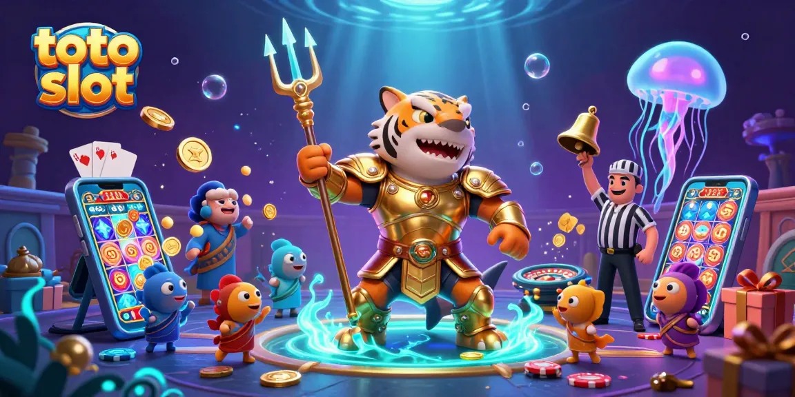 Toto slot players enjoy vibrant gameplay in an underwater colosseum, featuring a gladiator shark and immersive digital elements.