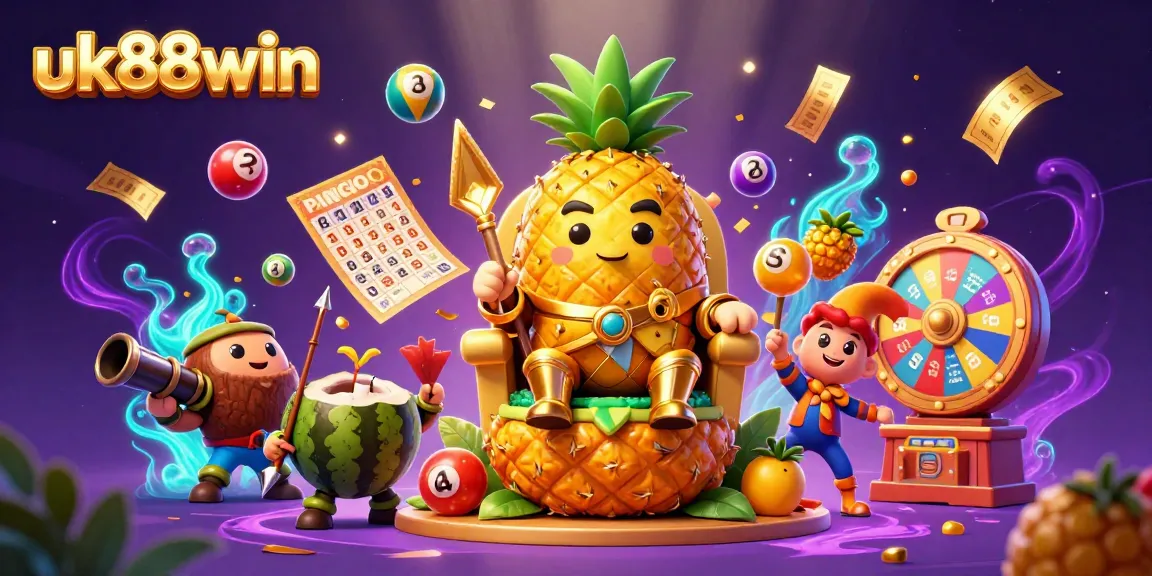 uk88win features a vibrant scene with a golden pineapple king in a beach casino, surrounded by lottery elements.