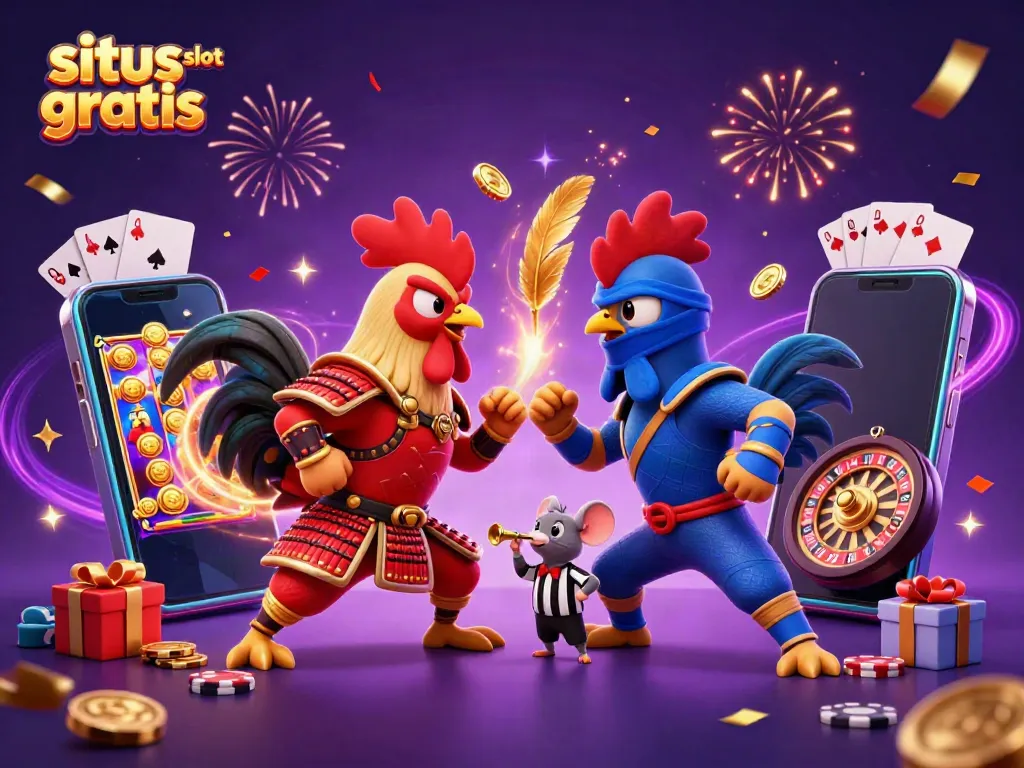 Enjoy exciting gameplay with situs slot gratis as cartoon roosters battle amidst vibrant casino elements.