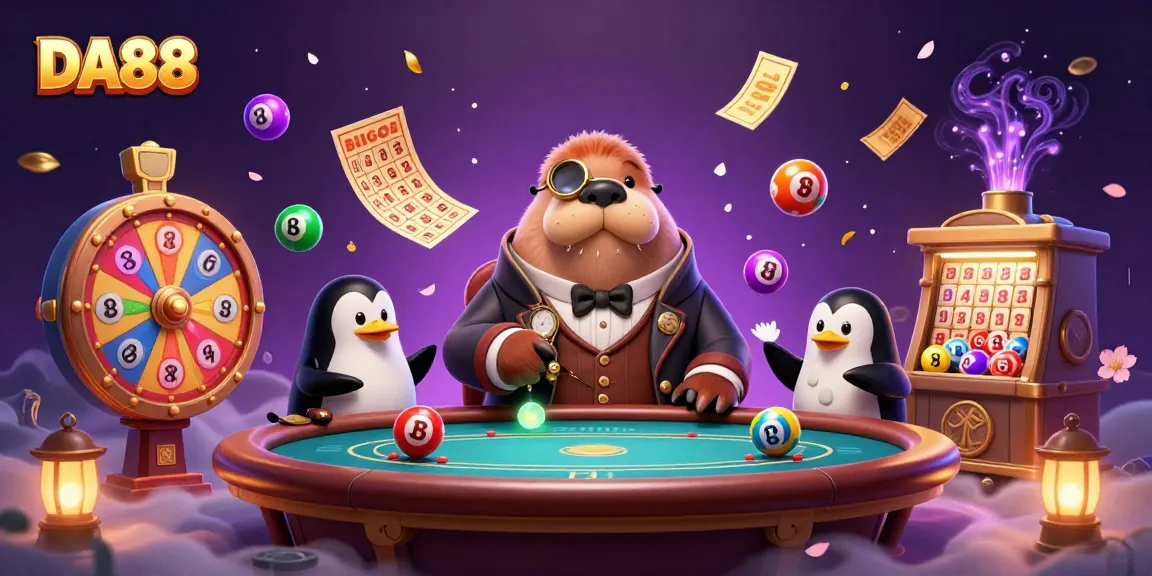 DA88 showcases a jolly walrus and friends enjoying an underwater poker game with vibrant lottery elements.