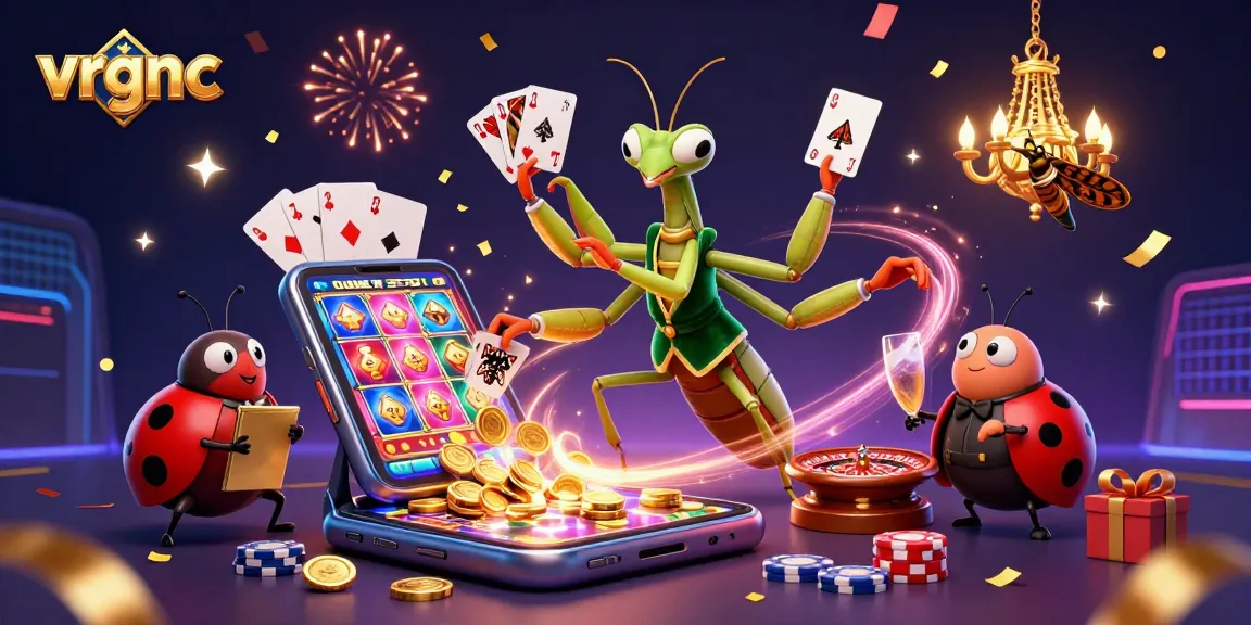 Experience exciting gameplay with vrgnc's vibrant casino scene showcasing a giant mantis and ladybug characters.