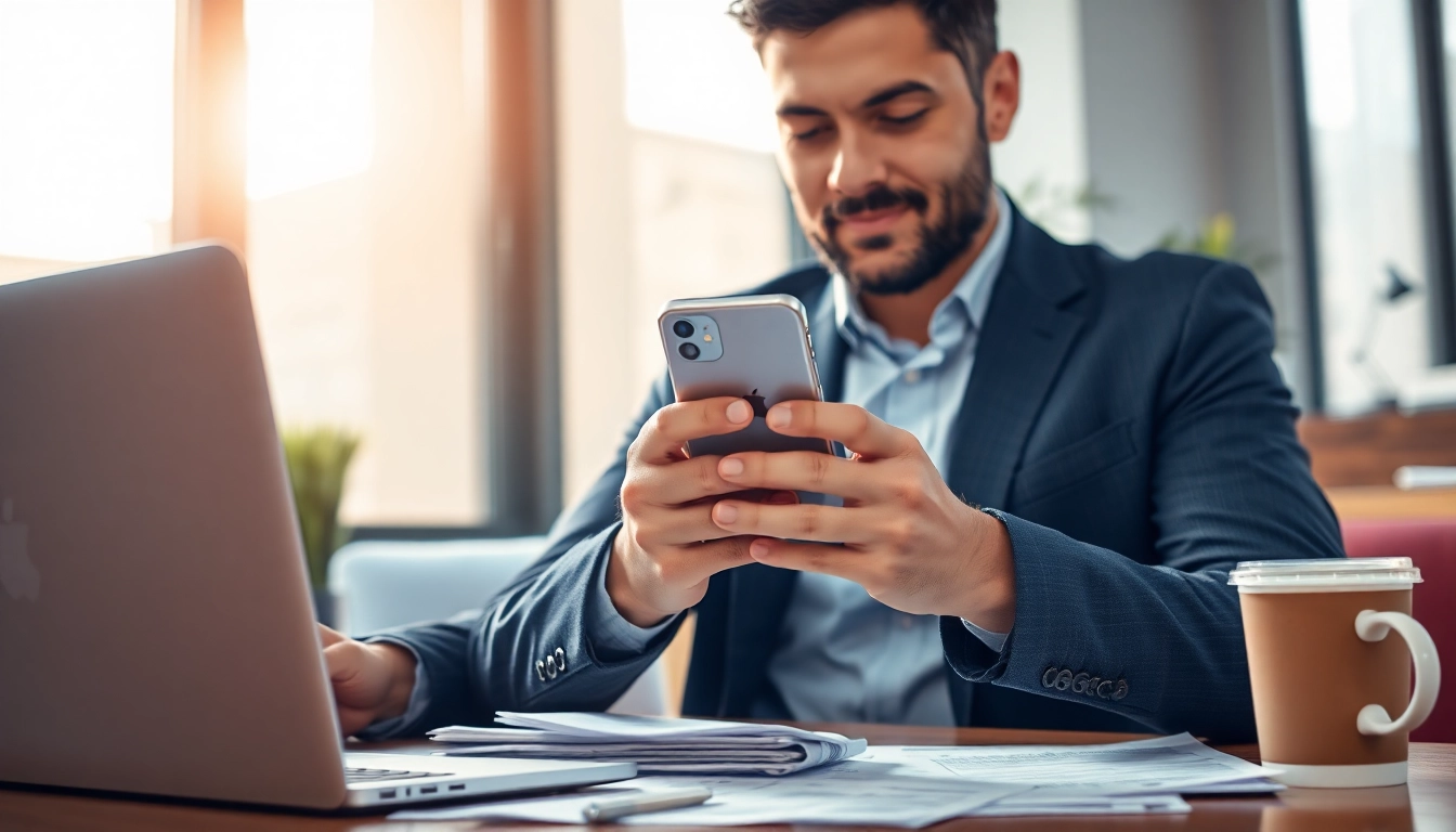 Sell iPhone for cash with a professional evaluating a smartphone in a bright workspace.