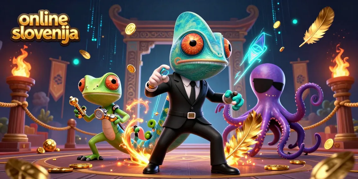 Akcija v online casino Slovenija z agentom, geckom in hobotnico v dinamičnem prizoru.