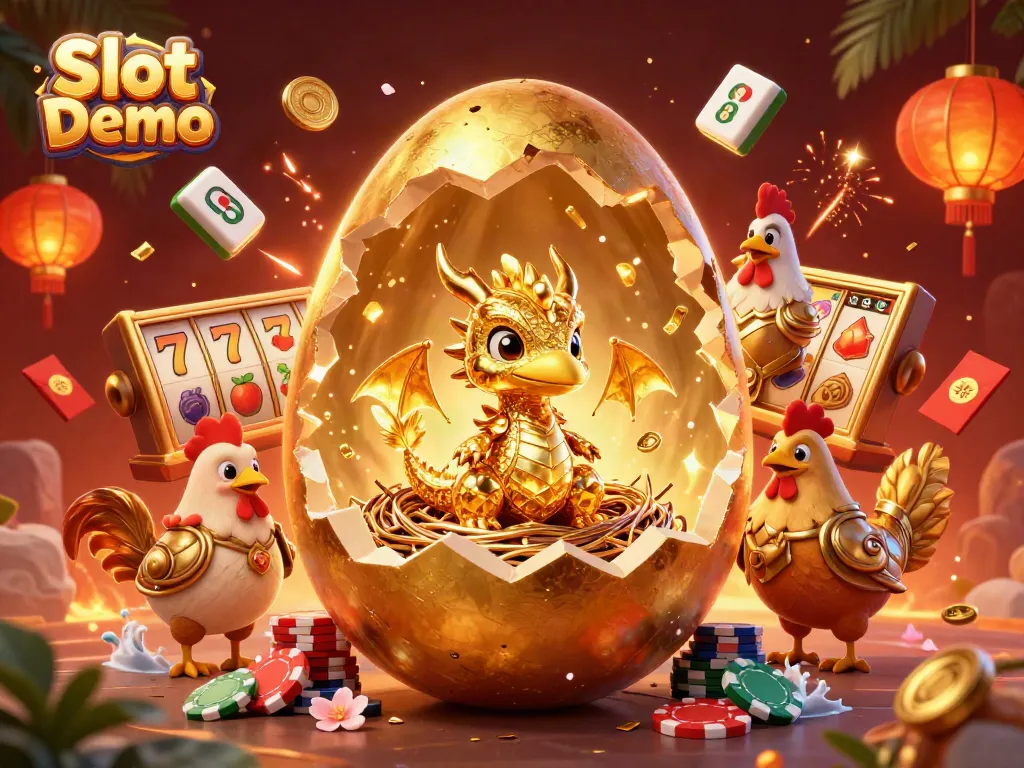 Experience thrilling Slot Demo action with a golden dragon, poker chips, and vibrant casino elements.