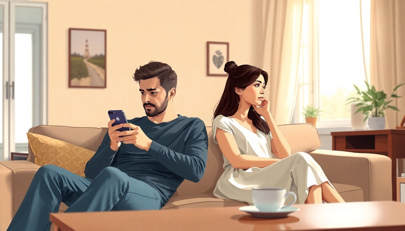 Identify signs of emotional infidelity in relationship with a couple showing emotional distance in a living room.