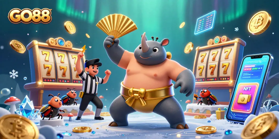 GO88 engages players with a captivating illustration of a sumo beetle champion amidst thrilling slot game elements.