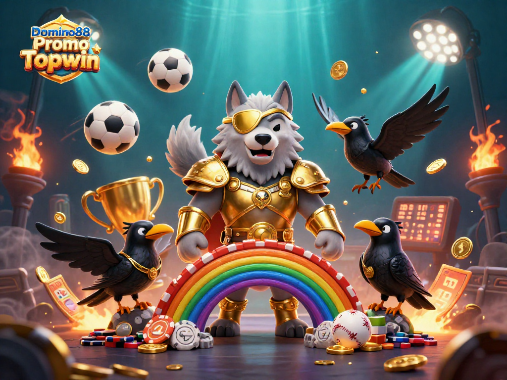 Experience the excitement of Domino88 Promo Topwin with a dynamic scene featuring iconic characters and sports elements.