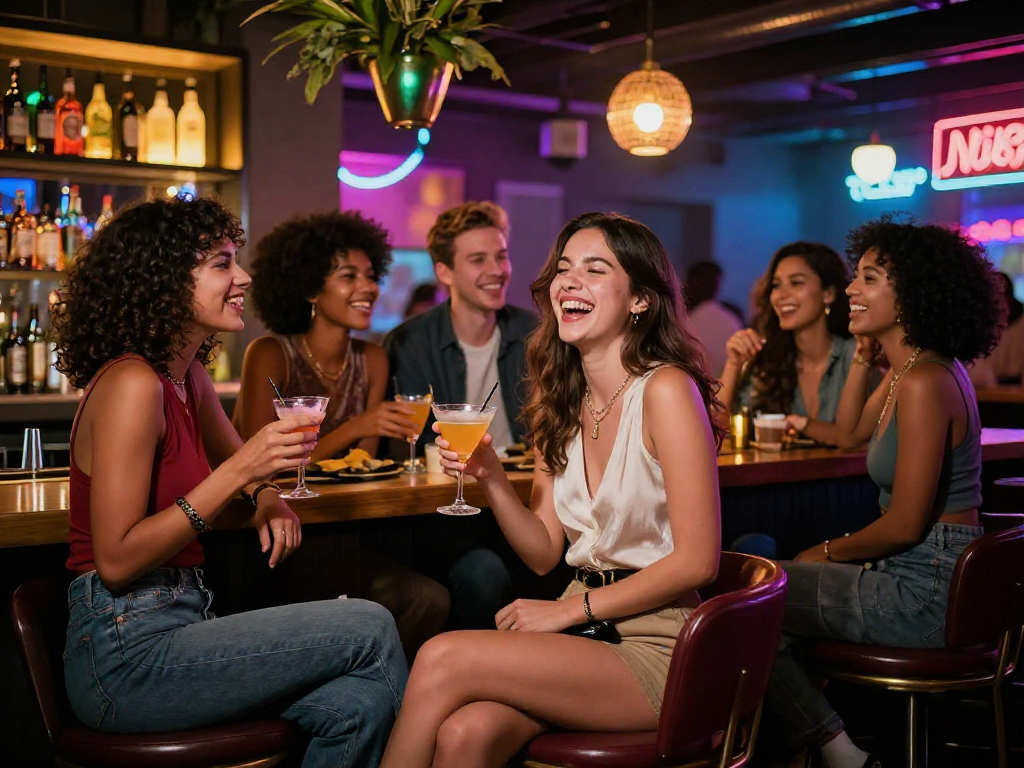 Gái gọi tận hưởng buổi tối sôi động tại quán bar với bạn bè, không khí vui vẻ và ánh sáng rực rỡ.