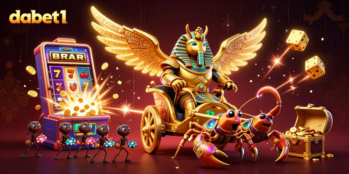 Engage with dabet1's vibrant casino world featuring a golden scarab beetle and slot machine action.