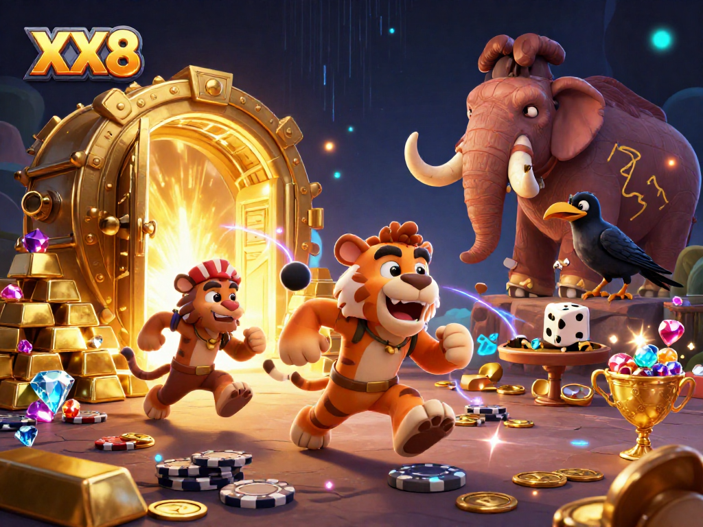 Experience thrilling gameplay at XX8's prehistoric casino with vibrant characters and treasure.