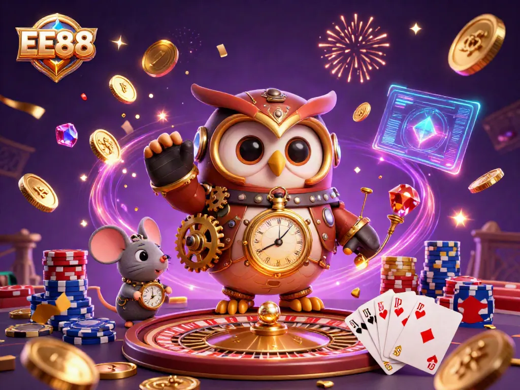 Experience the excitement of EE88 with this dazzling illustration featuring a time-traveling owl and casino elements.