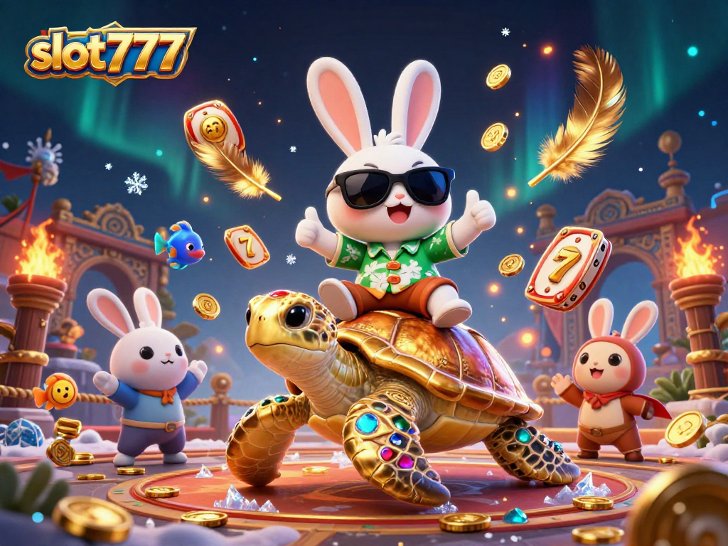 Experience slot777 excitement with a lucky rabbit and golden turtle in vibrant casino adventure.