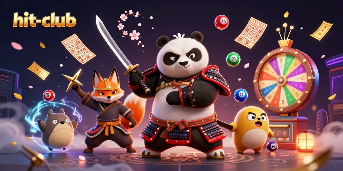 Experience the excitement of hit-club with a vivid illustration of a samurai panda, ninja fox, and magical tanuki amidst vibrant lottery elements.