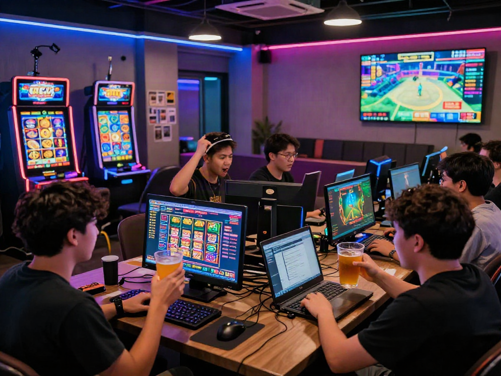 Exciting gaming lounge showcasing situs toto with players engaging in vibrant online gambling.