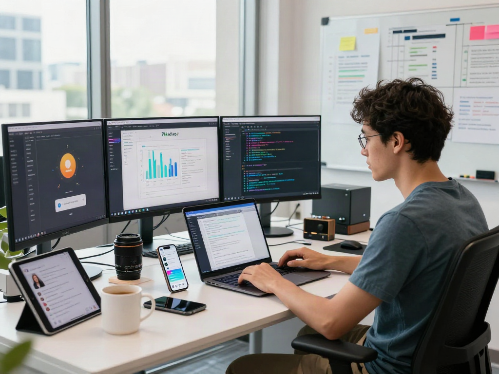 Innovative workspace for developing Pikashow APK, showcasing app interface on screens with vibrant tech gadgets.