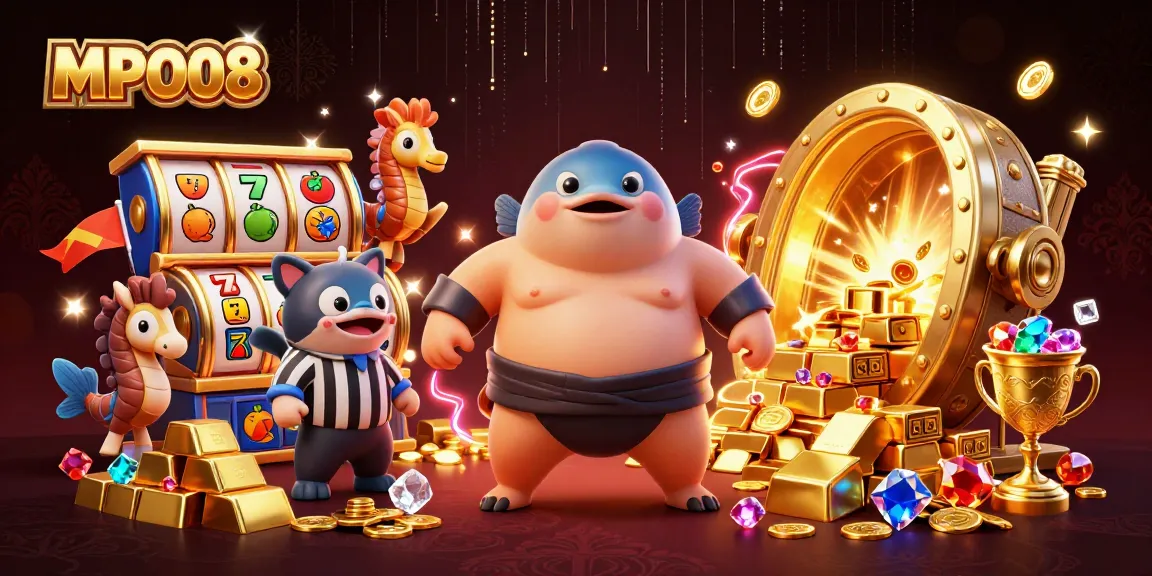MPO08 showcases a vibrant underwater casino scene with a fugu, catfish referee, and slot elements in action.