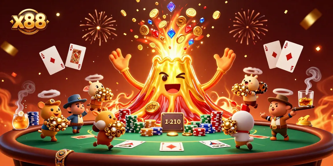 x88 celebrates with victorious volcano and treasure in a vibrant casino scene.