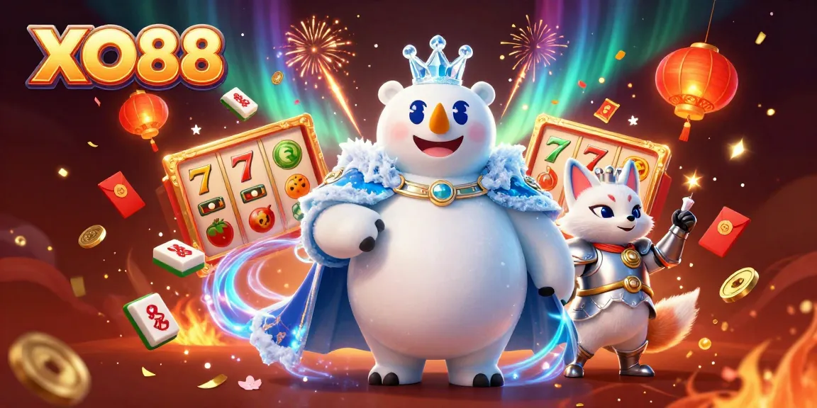 Spin for jackpots with XO88's festive ice king and fox in a vibrant casino scene.