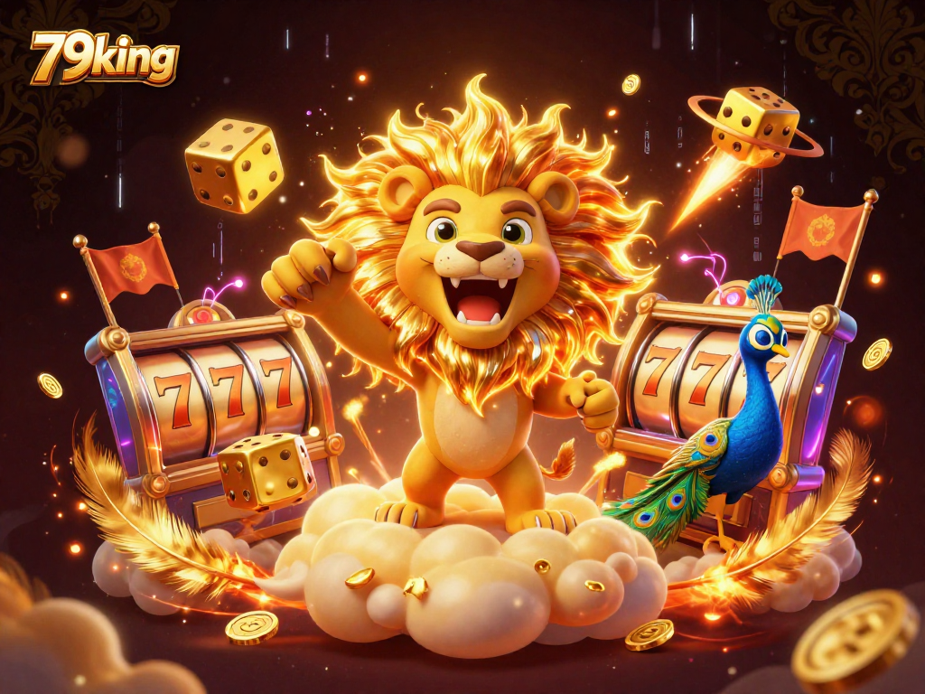 Experience 79king's vibrant slot story with a roaring lion and golden dice.