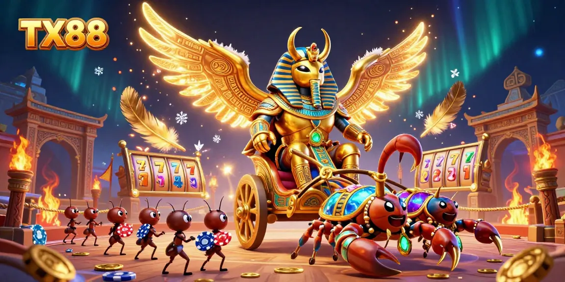 Engage in thrilling casino excitement with TX88, a vibrant scene featuring a golden scarab, scorpions, and slot game elements.