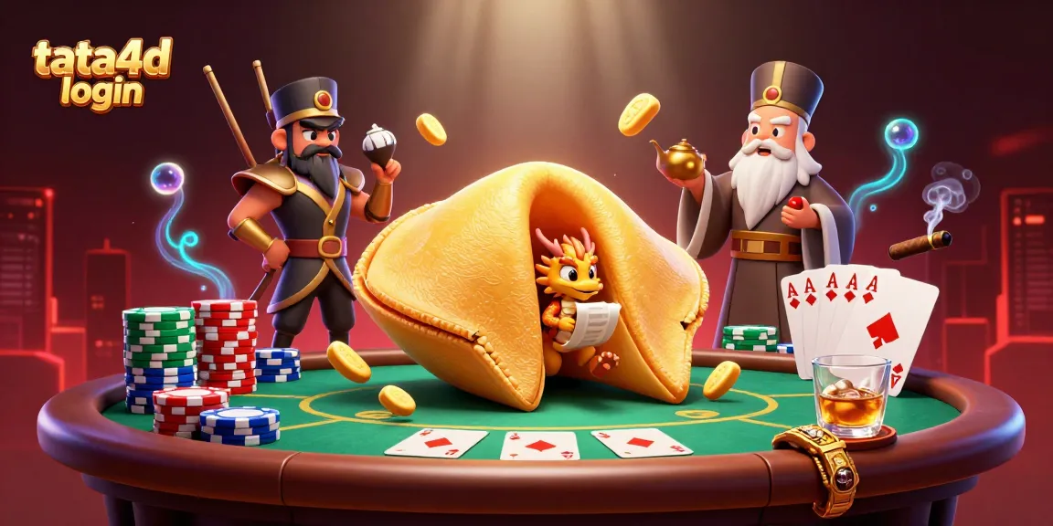 Tata4d login showcases a giant golden fortune cookie with a dragon and poker elements, creating a vibrant casino scene.