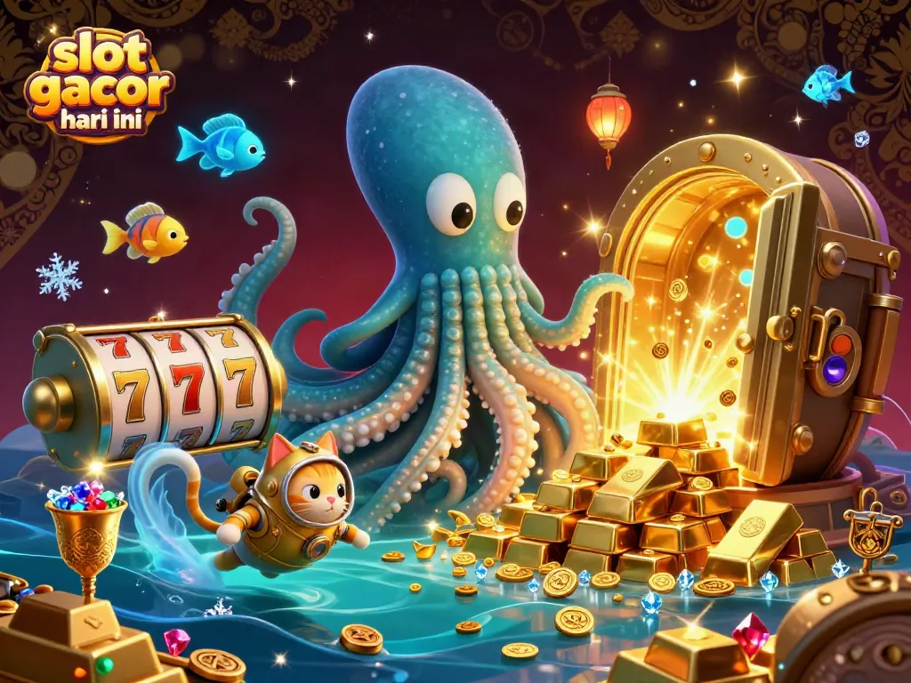 Experience thrilling wins in slot gacor hari ini with a magical treasure-filled ocean scene featuring a kraken and diving cat.