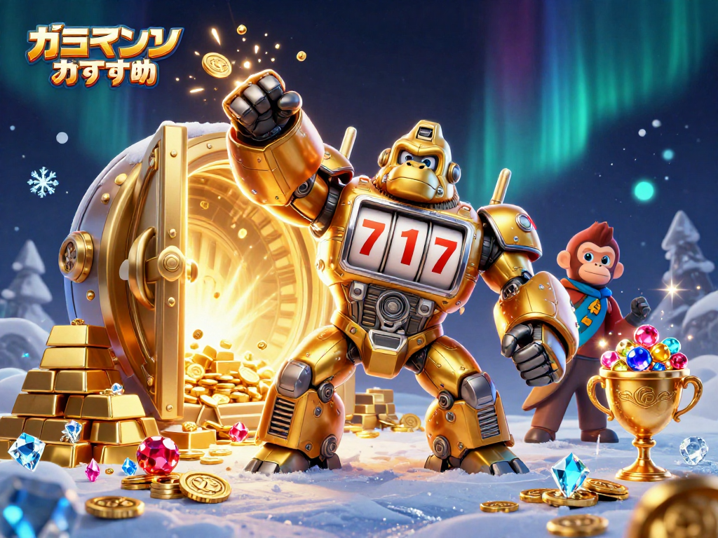 オンラインカジノおすすめのテーマで、金色のゴリラ型ロボットがスロットマシンの部品でできたイラスト。