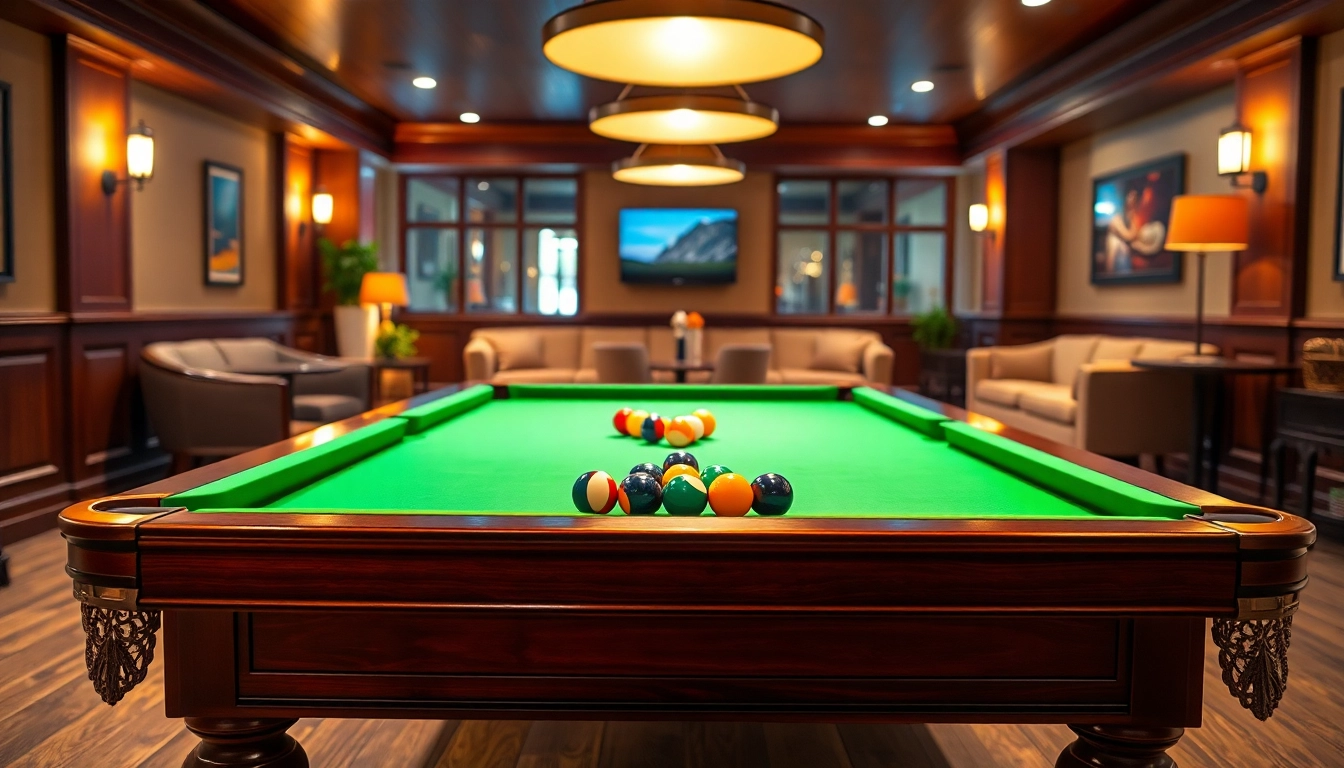 Playful atmosphere in billiards room showcasing a professional billiards table and balls.