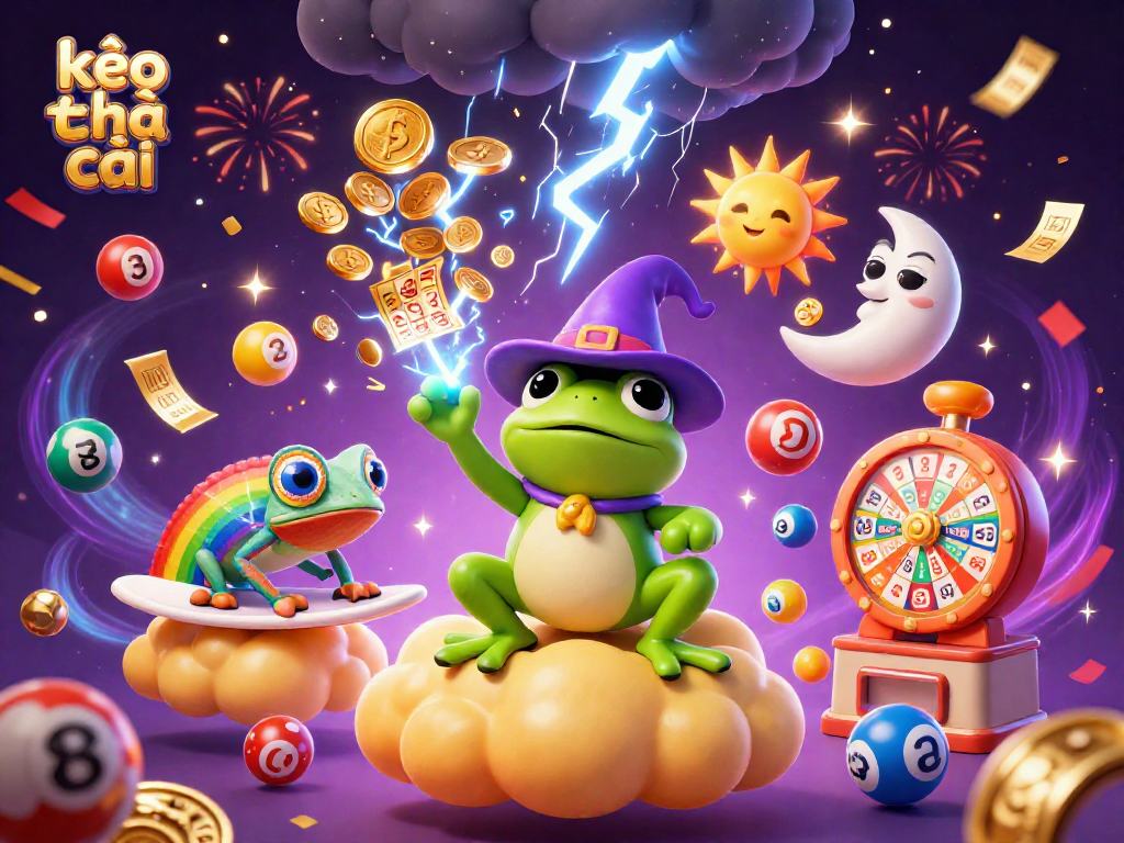 Engage with kèo nhà cái as the weather wizard frog conjures golden coins amidst vibrant casino elements.