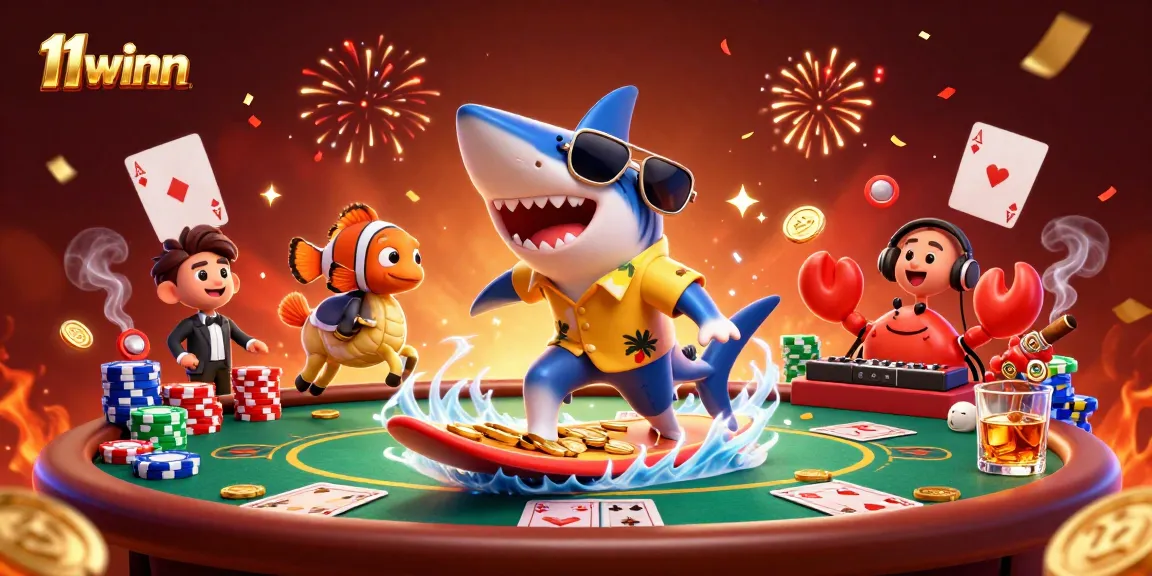 Experience fun and excitement with 11winn at the lively poker scene featuring playful characters.