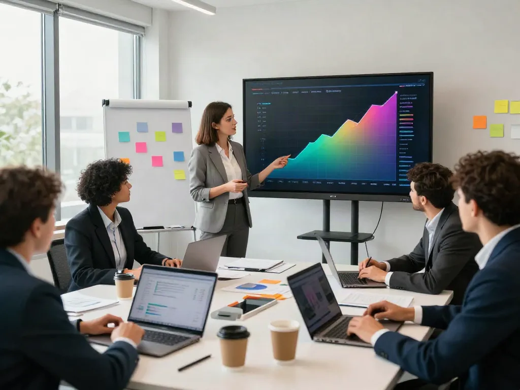 You can find out more about effective teamwork and business strategies in this vibrant corporate meeting scene.