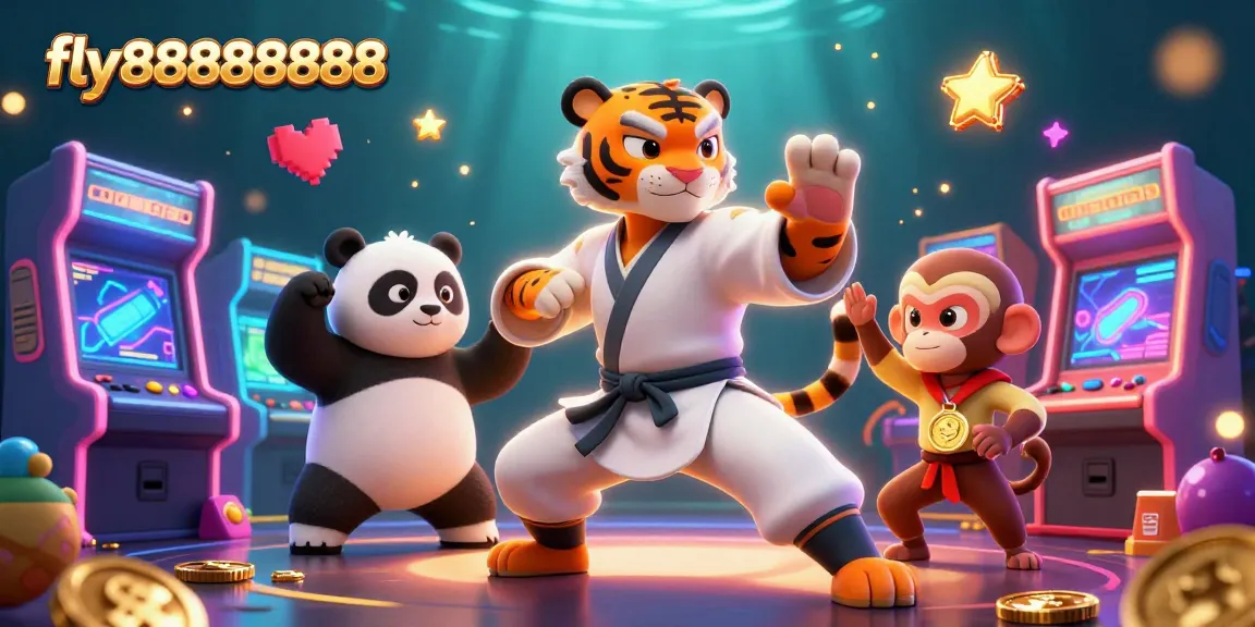 Join in the excitement at fly88888888, where a kung fu tiger shows off skills amidst vibrant casino game elements.