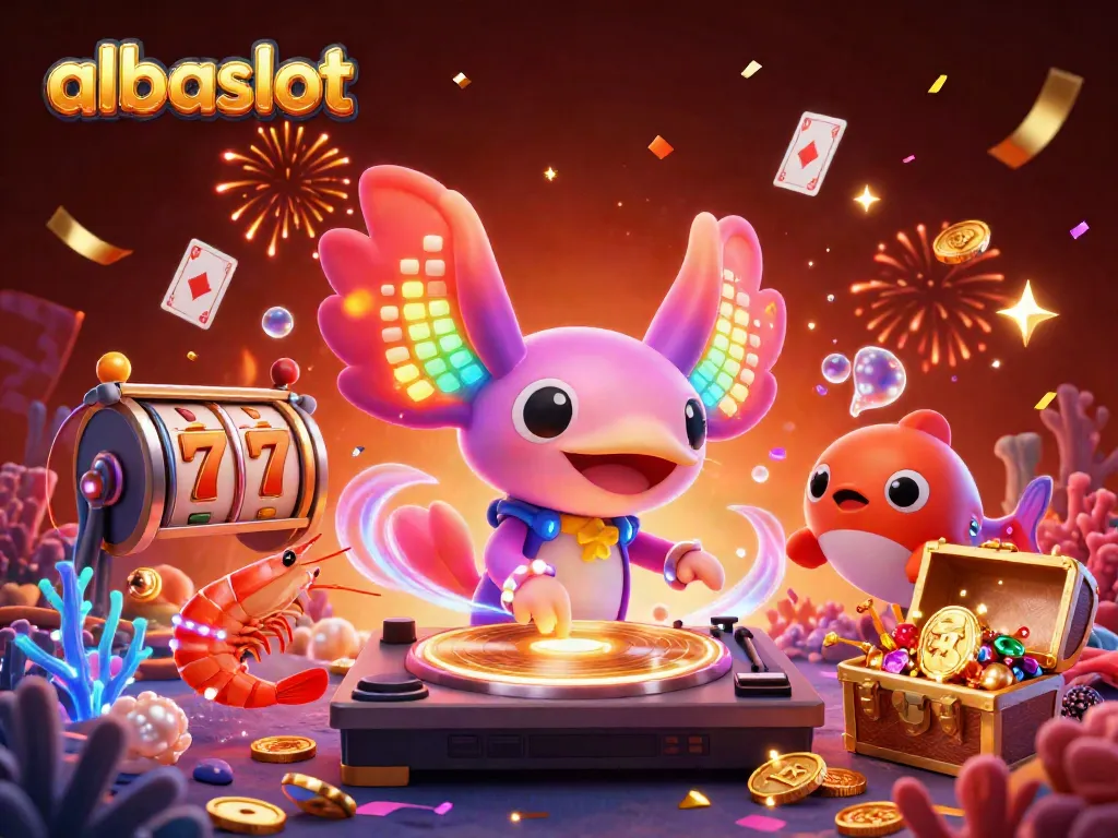 Albaslot menampilkan slot dinamis dengan DJ axolotl neon dan karakter laut dalam pesta berwarna-warni.