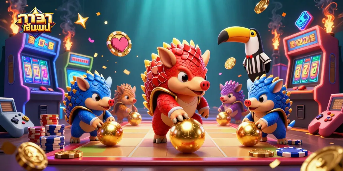 Experience บาคาร่าออนไลน์ with captivating pangolins and colorful gaming elements in a casino-themed scene.
