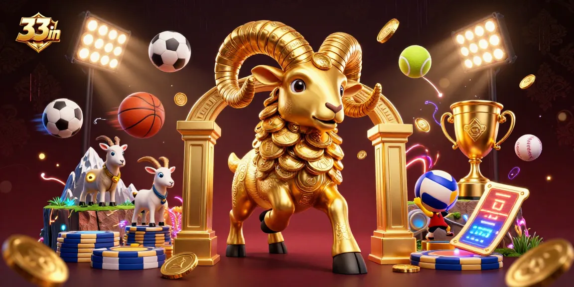 Experience winning excitement in 33win with a dynamic golden ram charging at a gate amid sports elements.