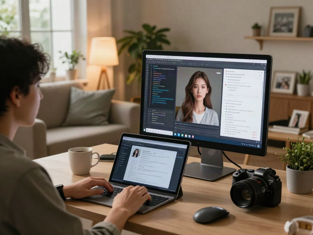 Engaging moment with a virtual girlfriend AI in a modern home office.