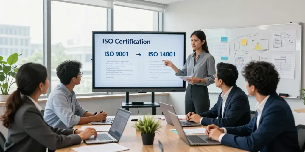 Team collaboration on ISO Certification in Pakistan in a modern office setting.